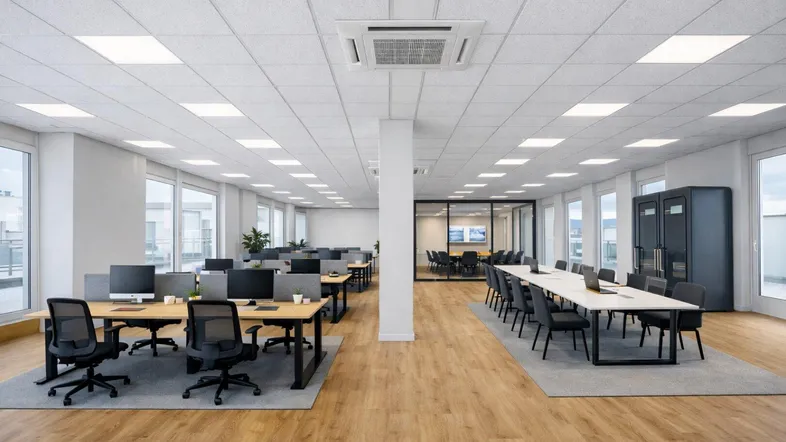 Modernes Großraumbüro mit zahlreichen Arbeitsplätzen, Konferenztisch und separatem Besprechungsraum, ausgestattet mit großen Fenstern und Holzfußboden.