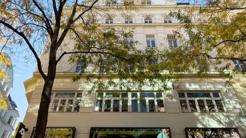 Klassisches Gebäude mit reich verzierter Fassade und großen Fenstern, umgeben von Herbstbäumen.