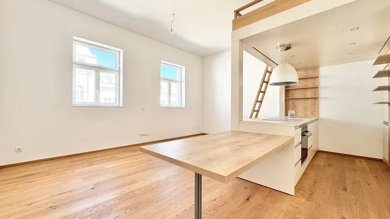 Helles Wohnzimmer mit integrierter Küche, Holzboden und einer Leiter zum Hochbett.