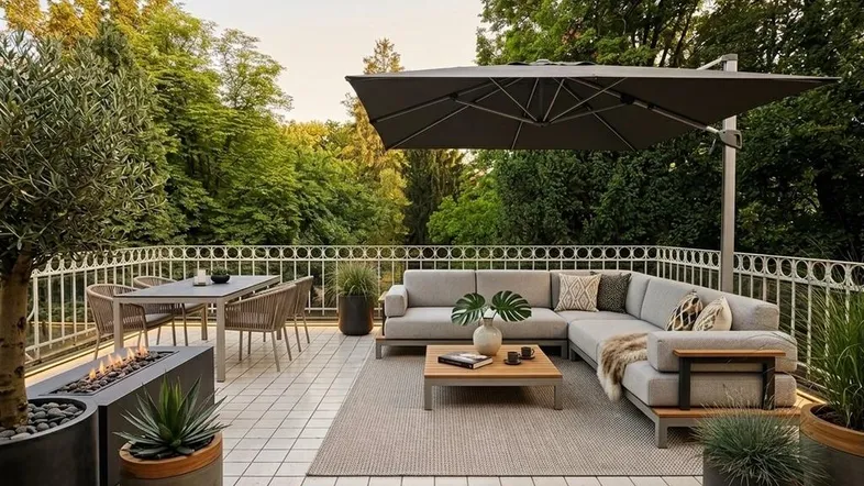 Moderne Dachterrasse mit bequemen Loungemöbeln, Esstisch und großem Sonnenschirm, umgeben von viel Grün.
