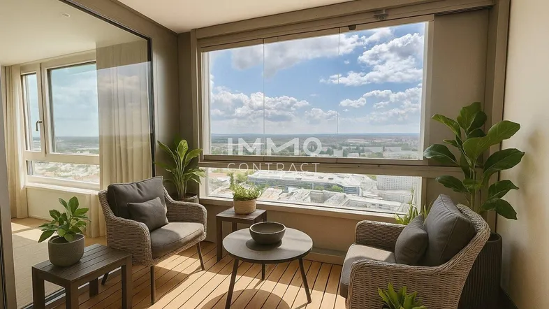 Möblierte Loggia mit Holzboden und weitem Blick über die Stadt.