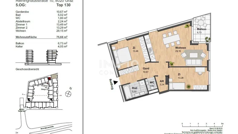 Detaillierter Grundriss der Wohnung Top 130 im 5. Obergeschoss mit Wohnbereich und Balkon.