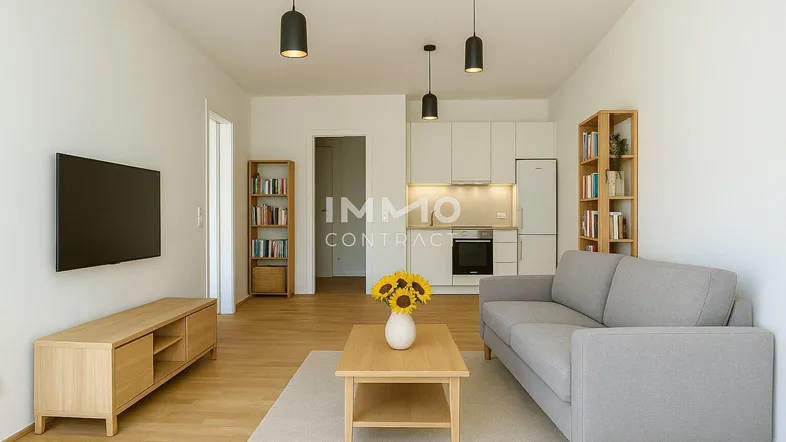 Helles, offenes Wohnzimmer mit integrierter Küche, Parkettboden und modernen Möbeln.