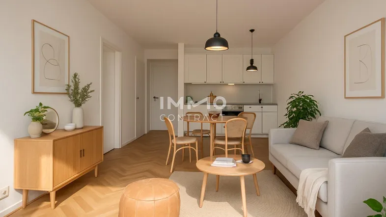 Gemütlicher Wohn-Essbereich mit offener Küche, Parkettboden und moderner Einrichtung.