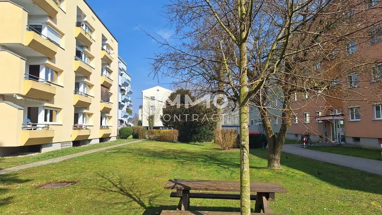 Gemeinschaftsgarten mit Picknicktisch und Bäumen zwischen den Wohngebäuden.