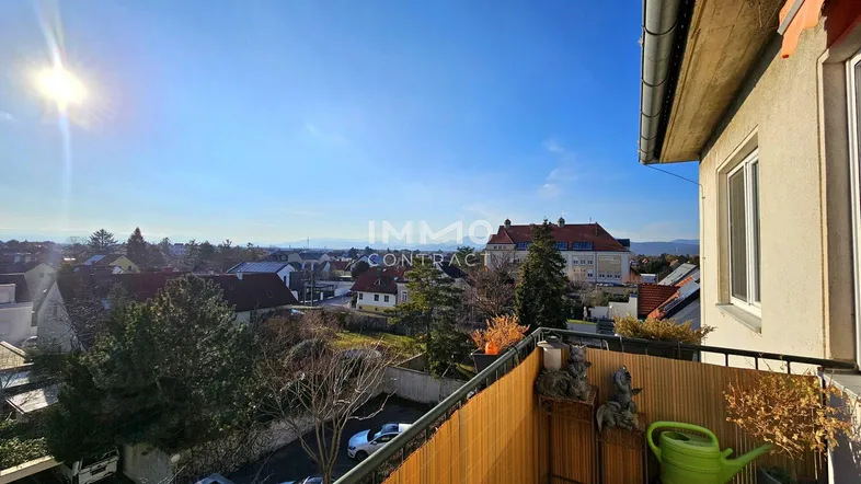 Sonniger Balkon mit Blick auf die umliegende Nachbarschaft und den blauen Himmel.
