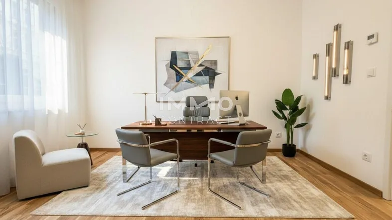 Elegantes Büro mit großem Schreibtisch, modernen Stühlen und Holzboden, KI-visualisiert für eine professionelle Arbeitsumgebung.
