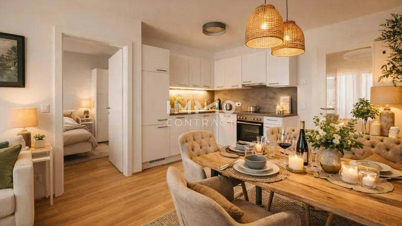 Helle, offene Wohnküche mit Esstisch und Blick in ein Schlafzimmer, ausgestattet mit modernen Möbeln.