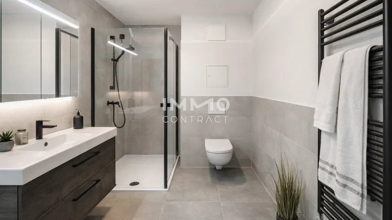 Modernes Badezimmer mit begehbarer Dusche, Einzelwaschbecken und beheiztem Handtuchhalter in neutralen Grautönen.