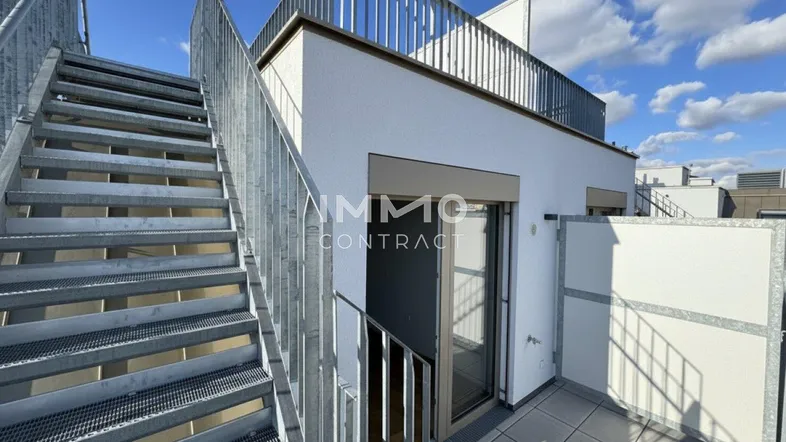 Zugang zur Dachterrasse über eine Außentreppe mit Metallgeländer und Blick auf die Umgebung.