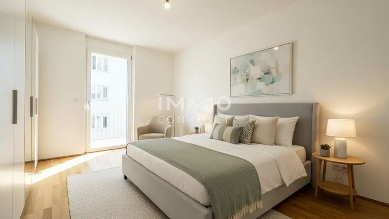 Helles Schlafzimmer mit Holzboden, großem Bett und Zugang zu einem Balkon.