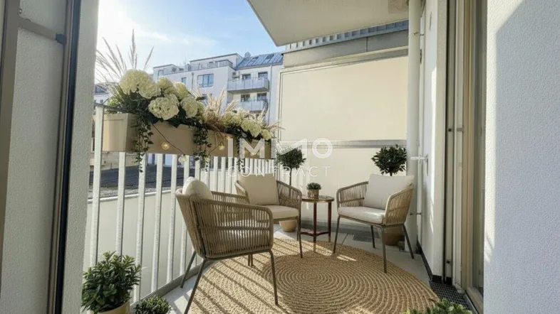 Heller Balkon mit gemütlichen Outdoor-Möbeln und Pflanzen, ideal zum Entspannen im Freien.