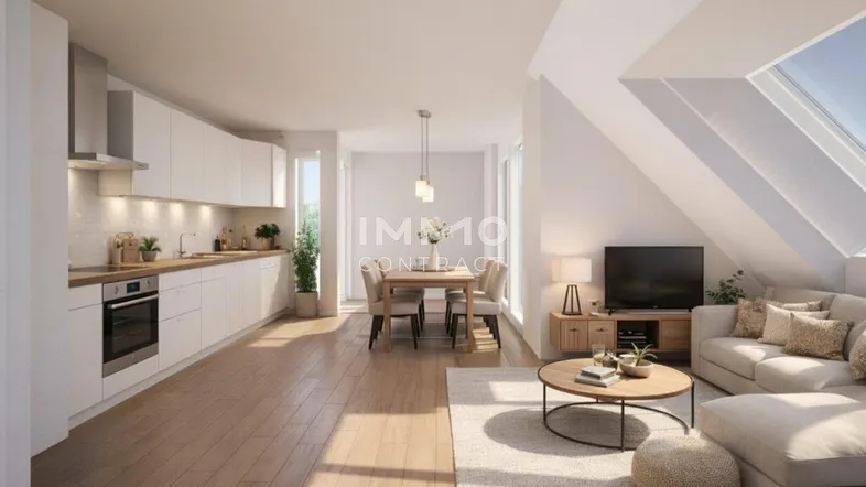 Offener Wohn-Essbereich mit moderner Einbauküche, Holzboden und viel Tageslicht durch Dachfenster.