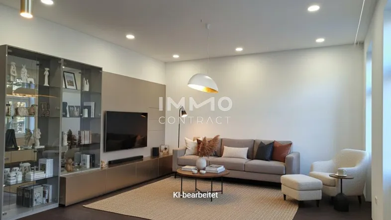 Modernes Wohnzimmer mit dunklem Parkettboden, bequemer Couch und integriertem Mediasystem.
