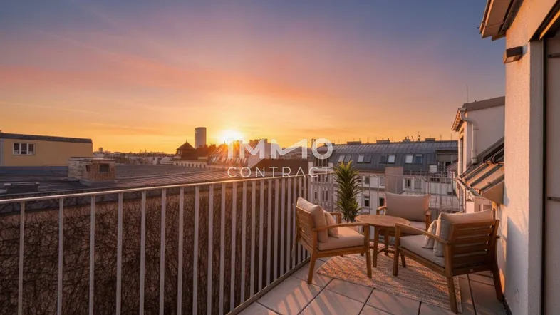Geräumige Dachterrasse mit Sitzgelegenheiten und atemberaubendem Sonnenuntergang über der Stadt.
