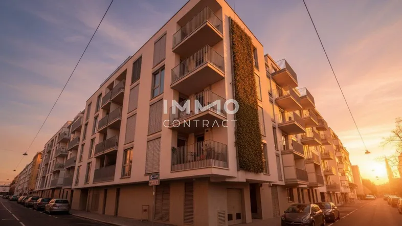 Modernes Wohngebäude mit Balkonen und vertikaler Begrünung an der Fassade bei Sonnenuntergang.