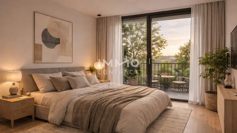 Helles Schlafzimmer mit großem Bett, moderner Einrichtung und direktem Zugang zu einem möblierten Balkon mit Weitblick.