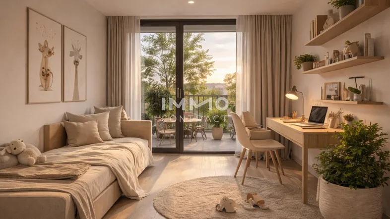 Helles Kinderzimmer mit Holzboden, Schreibtisch und direktem Zugang zum Balkon.
