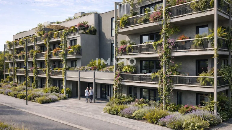 Modernes Mehrfamilienhaus mit begrünten Balkonen und Dachterrassen in einer ruhigen Wohngegend.
