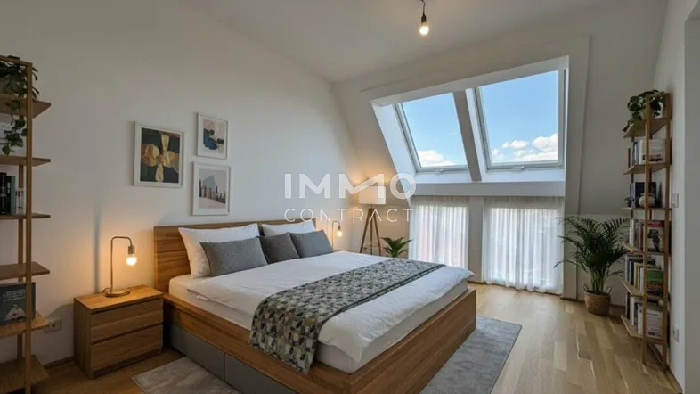 Helles Schlafzimmer im Dachgeschoss mit großen Dachfenstern, Holzboden und moderner Einrichtung.