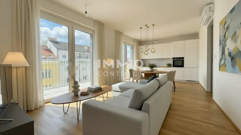 Heller offener Wohn-Essbereich mit moderner Küche, Zugang zum Balkon und großen Fenstern.