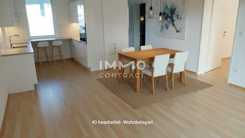 Heller offener Wohn- und Essbereich mit moderner Küche, Holztisch und Parkettboden.