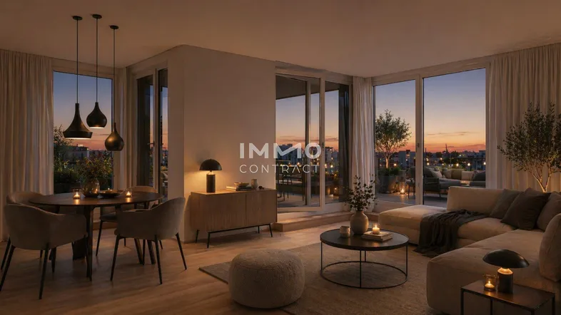 Elegantes Wohn- und Esszimmer mit modernen Möbeln, Holzboden und Zugang zu einer großen Terrasse bei Sonnenuntergang.