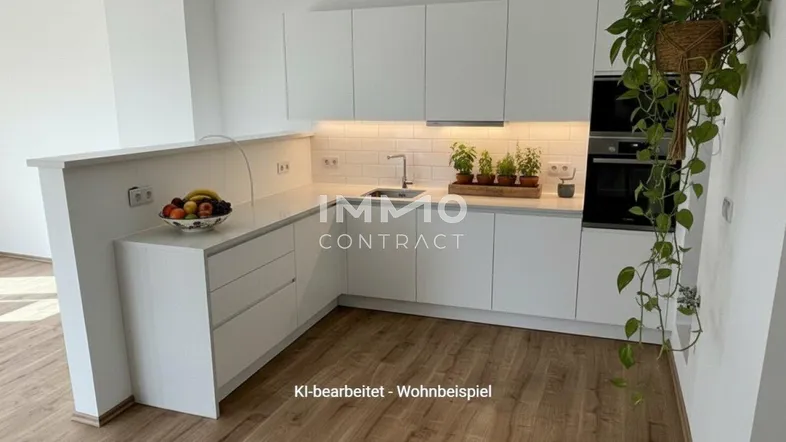 Moderne, helle Küche mit weißen Hochglanzfronten, Holzboden und einer kleinen Bar.