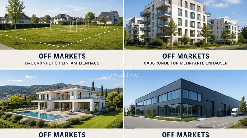 Collage zeigt verschiedene Baugrundstücke und Immobilienarten, darunter Einfamilienhäuser, Mehrparteienhäuser, Villen und Gewerbeobjekte.