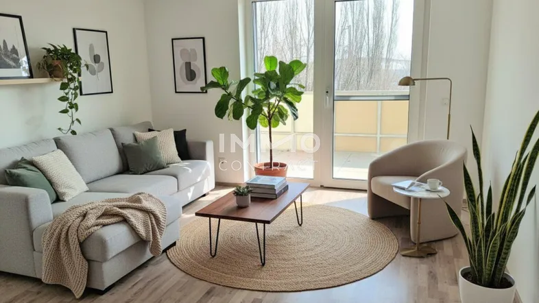 Helles Wohnzimmer mit Sofa, Couchtisch und Zugang zum Balkon, ergänzt durch grüne Pflanzen.