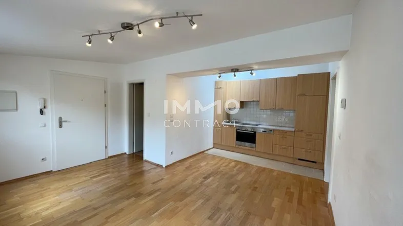 Helles Wohnzimmer mit integrierter Küchenzeile, Parkettboden und Deckenstrahlern.