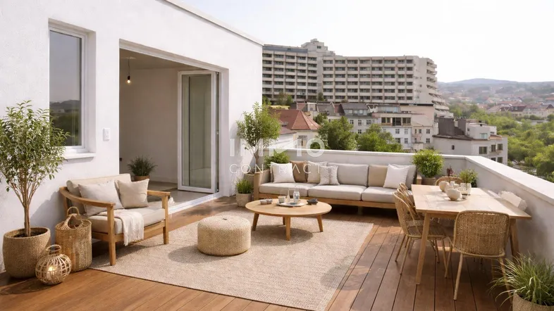 Große Dachterrasse mit Holzboden, bequemen Loungemöbeln und weitem Blick über die Stadt.