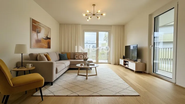 Helles Wohnzimmer mit modernem Sofa, Holzboden und Zugang zu einem Balkon.