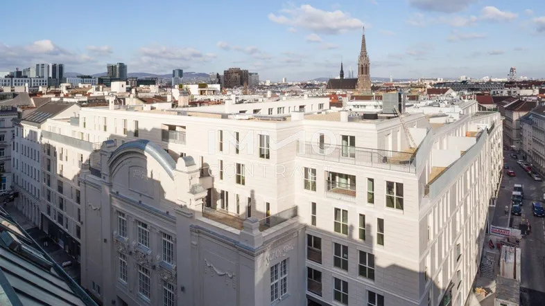 Panoramablick auf ein modernes Gebäudeensemble mit Flachdächern und der Wiener Skyline im Hintergrund.