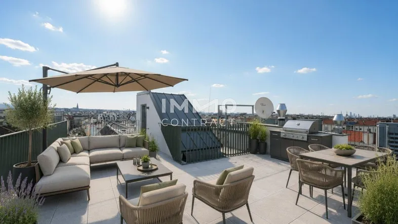 Geräumige Dachterrasse mit bequemen Sitzgelegenheiten, Sonnenschirm und Grillbereich mit Stadtblick.