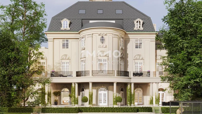 Elegante Villa mit klassischer Architektur, Mansarddach, Balkonen und einem Poolbereich im Garten.