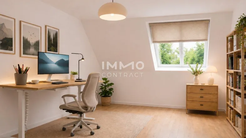 Helles Arbeitszimmer mit modernem Schreibtisch, Dachfenster und Bücherregal für eine angenehme Arbeitsatmosphäre.