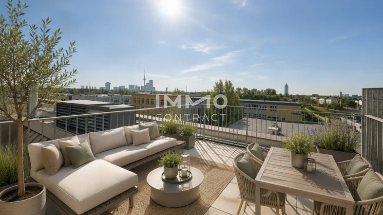 Große Dachterrasse mit bequemen Loungemöbeln, Esstisch und weitem Blick über die Stadt.