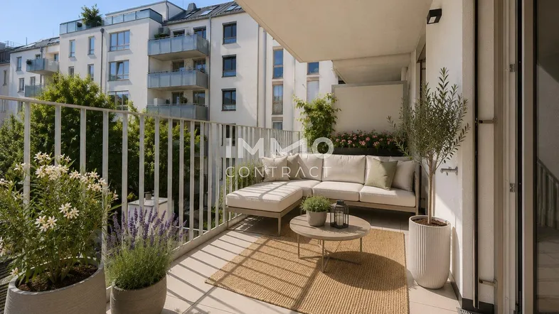 Möblierter Balkon mit bequemer Sitzgelegenheit und Blick auf die umliegenden Gebäude.