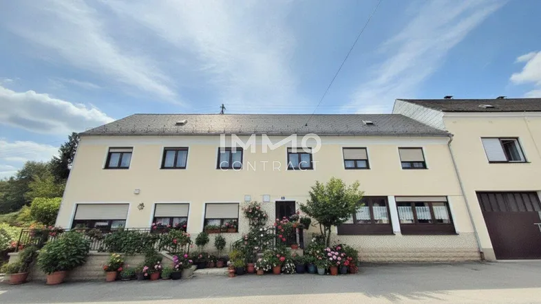 Traditionelles Gebäude mit mehreren Fenstern, Blumenkästen und Rollläden unter einem blauen Himmel.