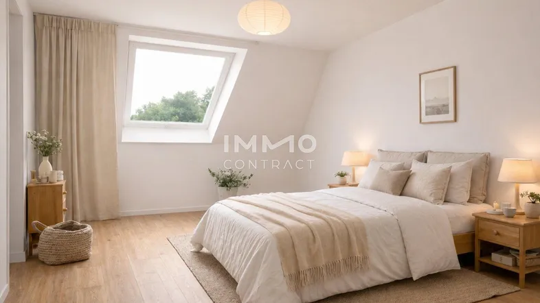 Helles Schlafzimmer mit Dachfenster, Holzboden und gemütlicher Einrichtung unter der Dachschräge.