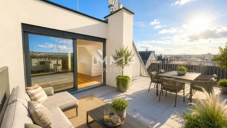 Großzügige Dachterrasse mit bequemen Loungemöbeln und Essbereich, ideal für entspannte Stunden im Freien.