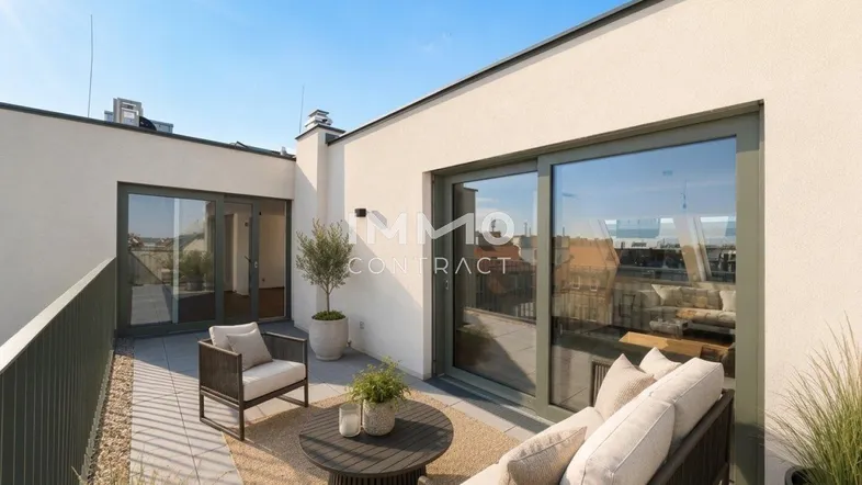Möblierte Dachterrasse mit bequemen Sitzgelegenheiten und Blick auf die Stadt unter blauem Himmel.