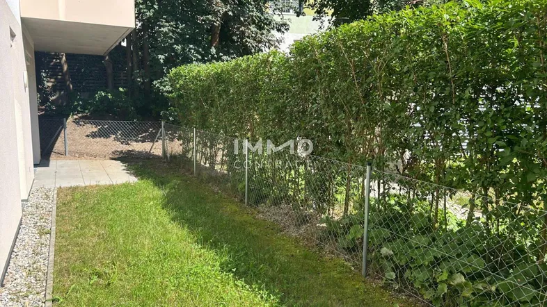 Gepflegter Gartenbereich mit Rasenfläche und hoher Hecke neben dem Gebäude.