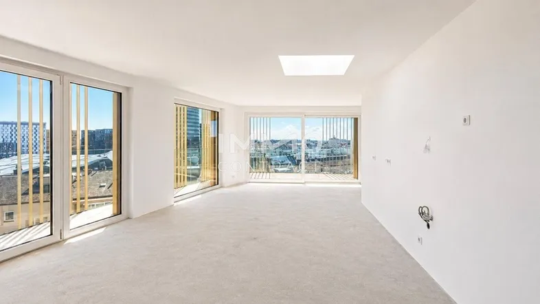 Helles, leeres Zimmer mit großen Fenstern, Teppichboden und weitem Stadtblick.