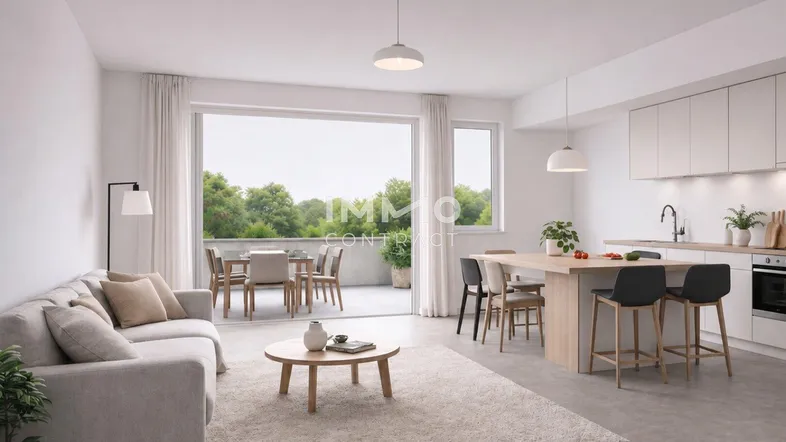 Heller offener Wohn-Essbereich mit moderner Küche, Holzarbeitsplatte und Zugang zur Terrasse.