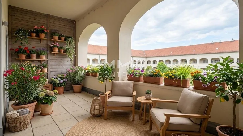 Gemütliche Loggia mit vielen Pflanzen, Sitzgelegenheiten und Blick auf den begrünten Innenhof.