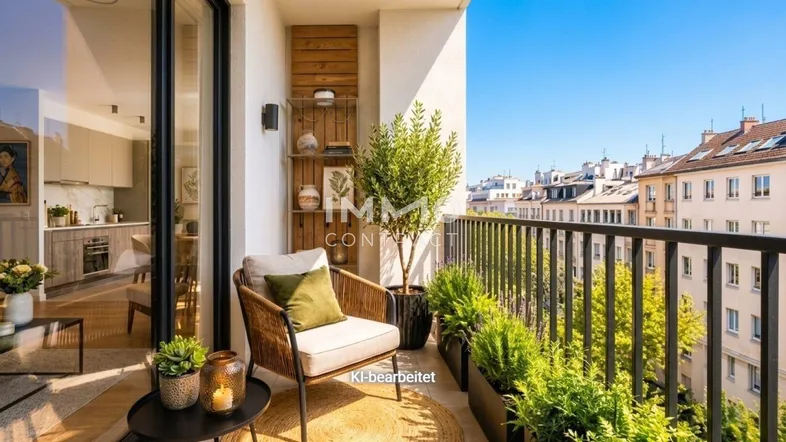 Möblierter Balkon mit Pflanzen und Blick auf die umliegenden Gebäude und die Stadt.