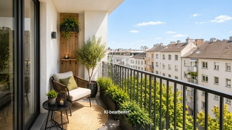 Heller Balkon mit Pflanzen, Sitzgelegenheit und weitem Blick über die Dächer der Stadt.