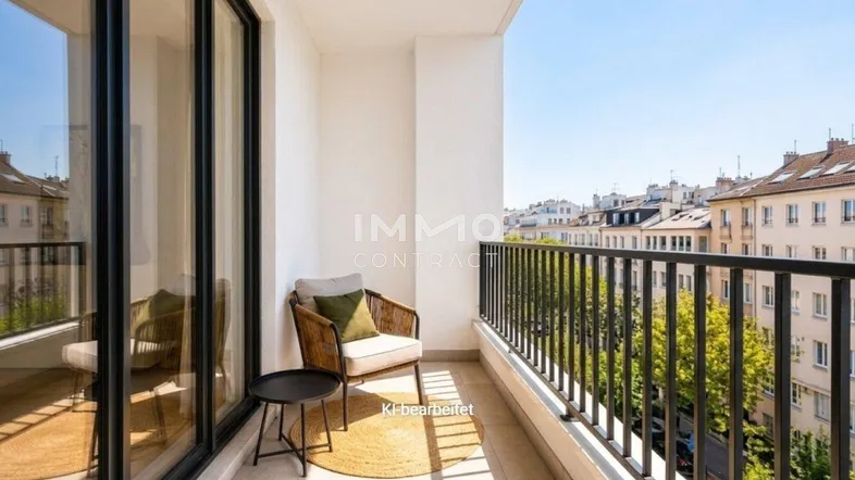 Heller Balkon mit Sitzgelegenheit und Blick auf die umliegenden Gebäude und Bäume.